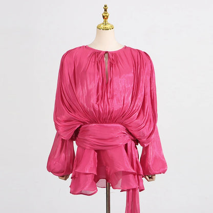 VGH Stylish Gecombineerde Vetersluiting Losse Korte Jurk voor Dames met Ronde Hals, Lange Mouwen en Trendy Ruches - Een Chique Aanvulling op Je Garderobe!