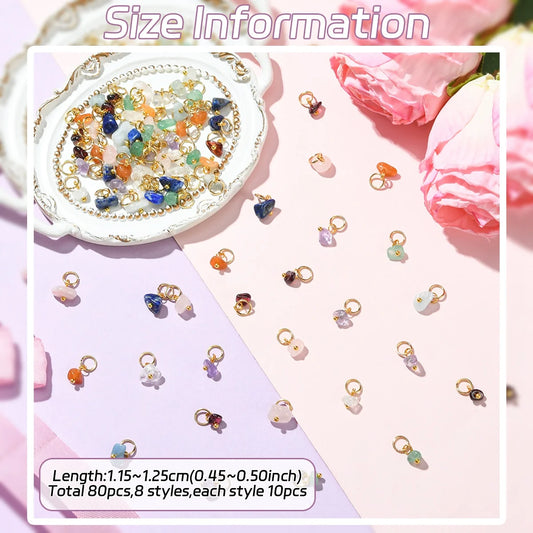 80pcs Gemstone Nugget Charms Gold Loop Stone Pendants for DIY Bracelet Earring Jewelry Making Supplies