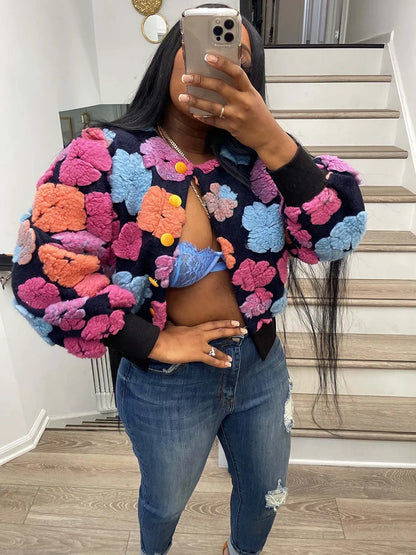 Chic Sibybo 3D Bloem Katoenen Ribbels Gebreide Cardigan - Stijlvolle Enkel-Breasted Trui voor Vrouwen - Perfect voor Casual Winterlooks