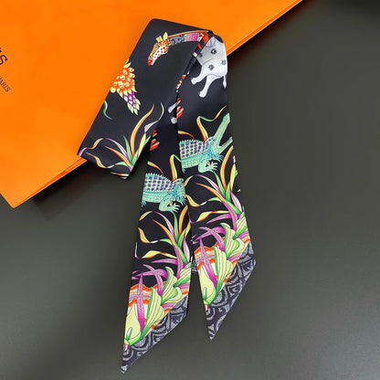 2024 Chic Zebra Florale Zijden Sjaal - Luxe Modeaccessoire voor Vrouwen, Veelzijdige Haarband, Stijlvolle Neckerchief en Elegante Tas Sjaal