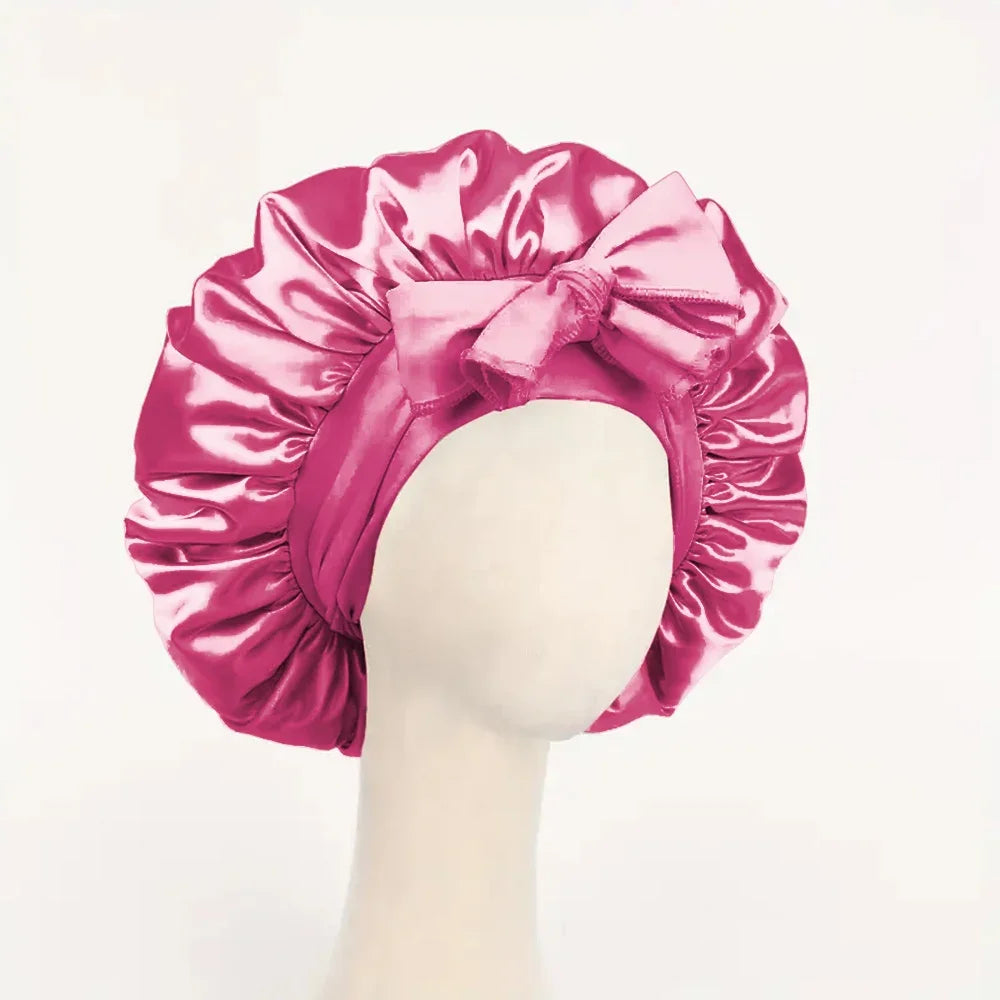 Satin Silk Hair Bonnet Adjustable Tie Band Wide-brimmed Night Sleeping Bathing Hat Bonnet for Women Unisex Protective Headwear