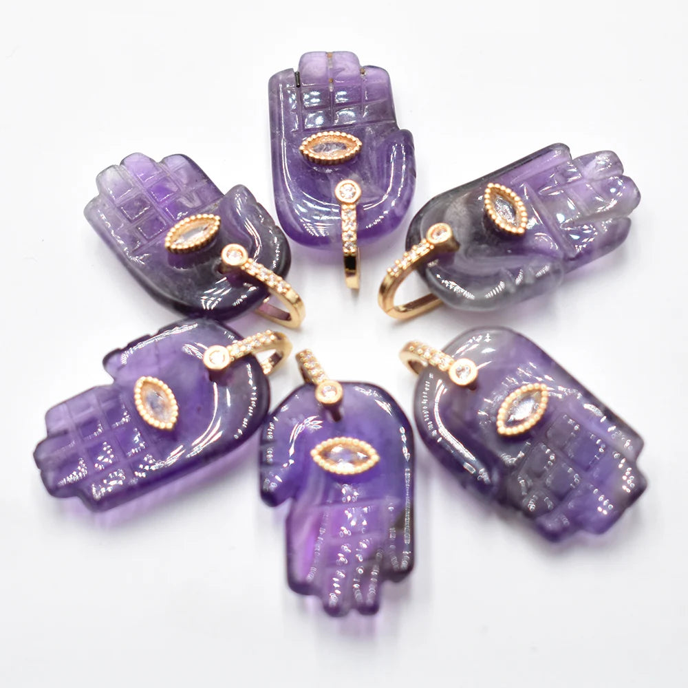 Natural Stone Hamsa Hand Charms 6pcs Carved Amethyst Rose Quartz Palm Pendants for Jewelry Making DIY Necklace Supplies