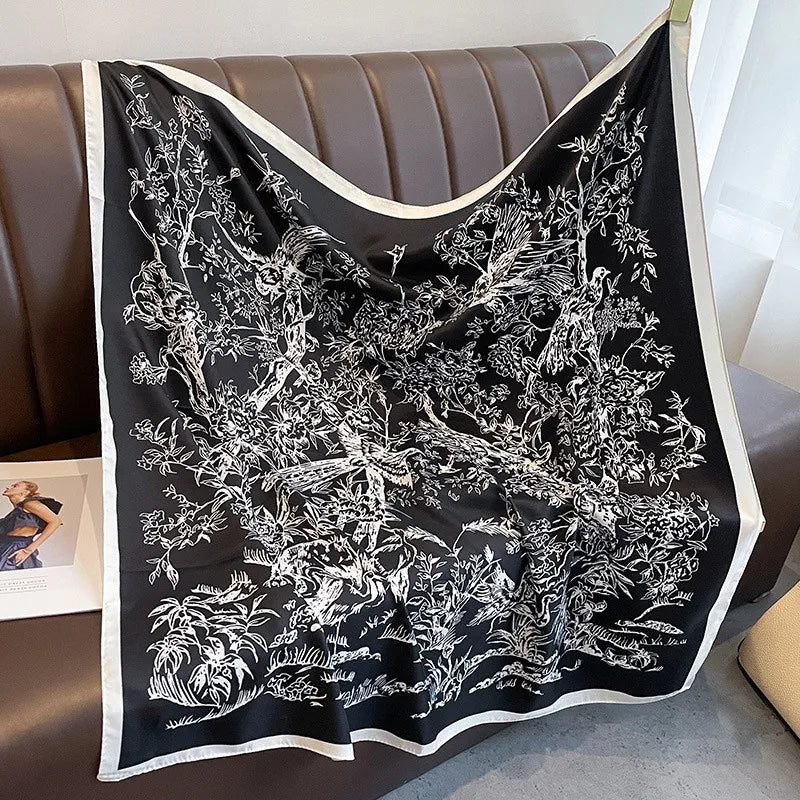 Elegante 90x90cm Twill Zijde-gevoel Vierkante Sjaal voor Dames - Luxe Haar Boomprint Hoofddoek, Sjaal en Nek Sjaal, Perfect voor Hijab of Bandana-stijl!