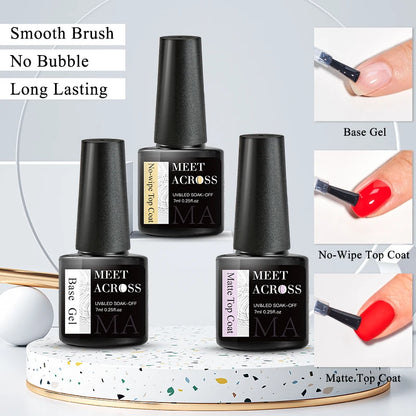 Verhoog je nagelspel met MEET ACROSS 7ml Premium Basis- en Topcoat Gel Nagellak - Soak Off Semi-Permanente UV Lak voor Stunning Manicures!