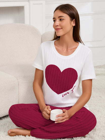 Charmante Hartpatroon Dames Pyjama Set - Korte Mouwen Top & Broek voor Gezellige Thuisontspanning