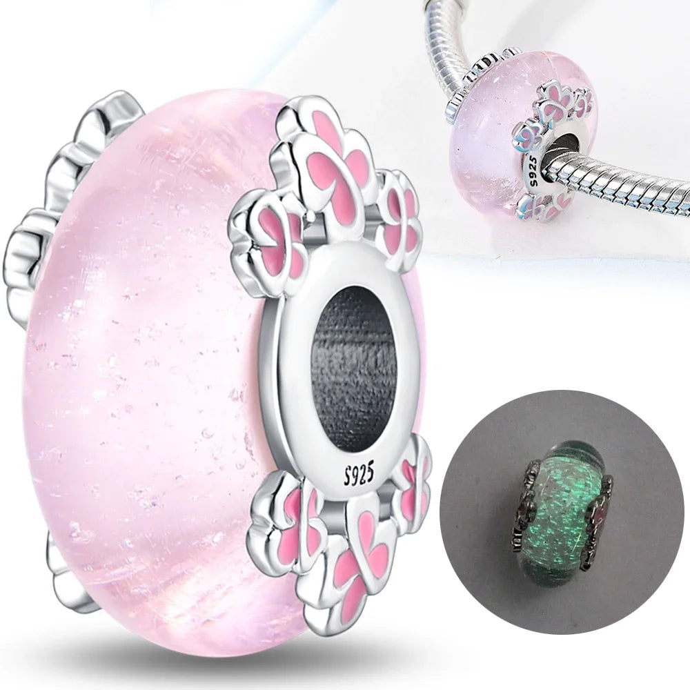 925 Sterling Silver Cherry Blossom Charm Pink Flower Bead Fit Bracelets DIY Jewelry Gift for Women