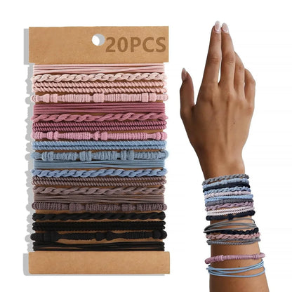 Set van 20 Boho-geïnspireerde elastische haarbanden en armbanden voor vrouwen - Stijlvolle zwarte paardenstaart houders en haarbanden
