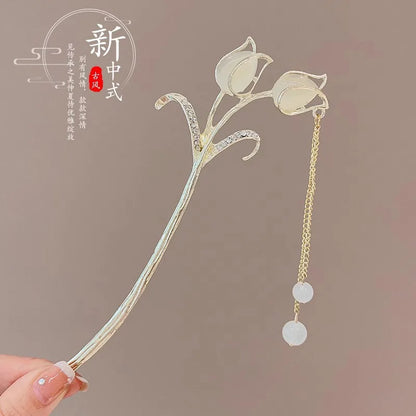 Elegante Romantische Haarklem in Chinese Stijl voor Vrouwen, Geëmaileerde Bloemenspeld, Modeaccessoire in Legering