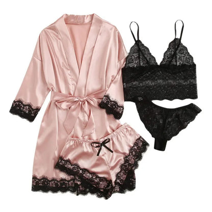 Chique 4-delige vrouwen satijnen pyjama set - Bloemenkant trim cami, shorts en luxueuze ochtendjas voor stijlvolle nachtmode in roze