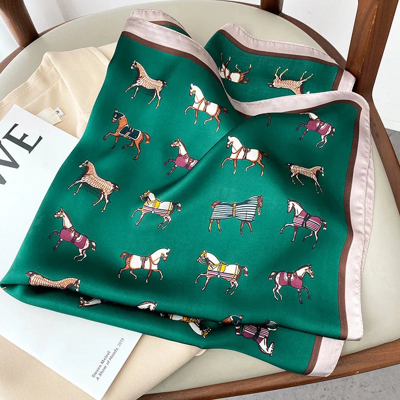 Chique 2023 Zijden Nek Sjaal met Elegante Paardenprint voor Vrouwen - Veelzijdige Vierkante Haarwraps, Foulards en Bandana Opties