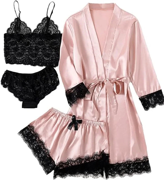 Chique 4-delige vrouwen satijnen pyjama set - Bloemenkant trim cami, shorts en luxueuze ochtendjas voor stijlvolle nachtmode in roze