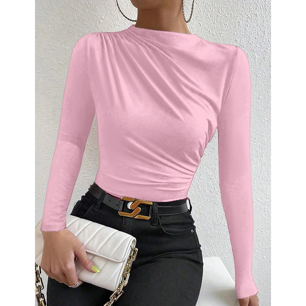 Verhoog je herfstgarderobe: Mia Muse Dames Stijlvolle Rimpel Lange Mouw Crewneck T-Shirts