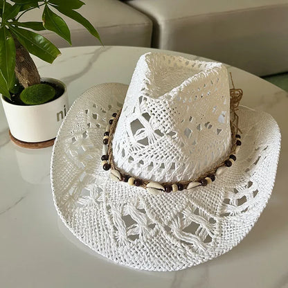 Stijlvolle Vintage Boheemse Strohoed met Houten Kralen - Perfect voor Zomerse Stranddagen en Westerse Avonturen!
