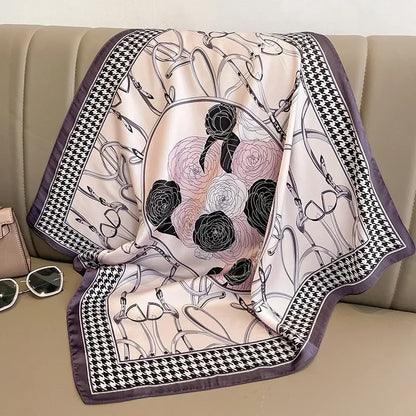 Chic 2025 Lente & Herfst Imitatie Zijde Sjaal voor Vrouwen - 70cm Gedrukt Vierkant Ontwerp, Veelzijdige Zachte Haarband & Sjaal Wikkel, Perfecte Hijab Accessoire!