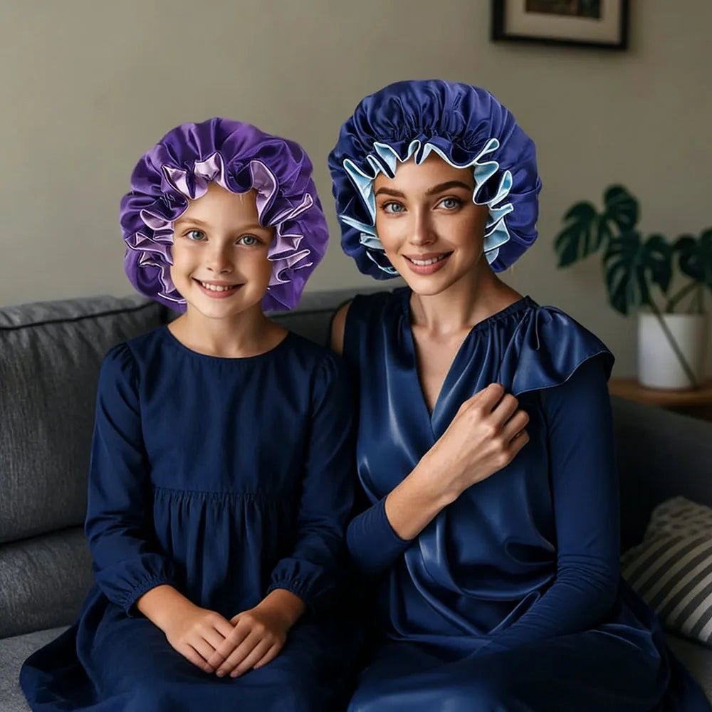 Double Layer Silk Satin Bonnet Lady Night Sleep Hats Fashion Shower Cap Head Cover for Women