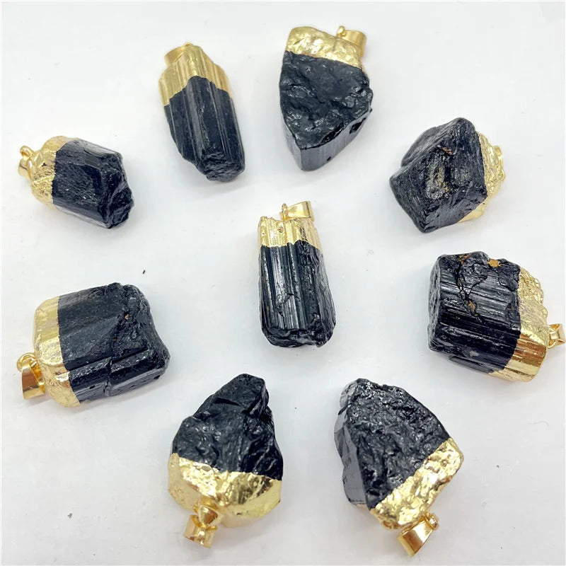 Raw Black Tourmaline Pendant Set 12pcs Natural Crystal Charm Gold Edge Irregular Stone for Jewelry Making Reiki Supplies