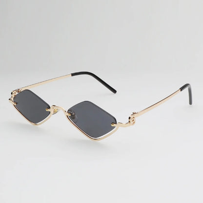Trendy Kleine Polygonale Zonnebril voor Vrouwen - Luxe Metalen Halve Montuur Kat-Oog Zonnebril - Chic Vintage Hipster Stijl