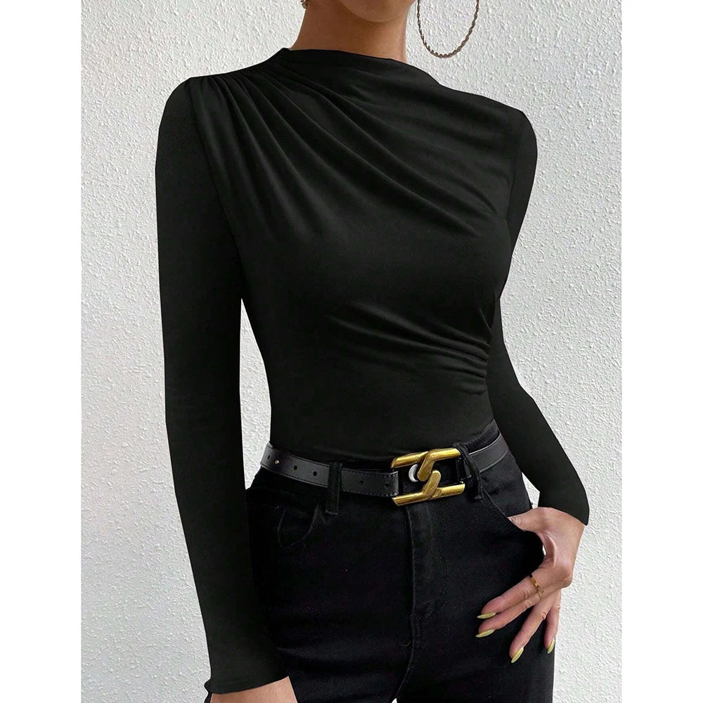 Verhoog je herfstgarderobe: Mia Muse Dames Stijlvolle Rimpel Lange Mouw Crewneck T-Shirts