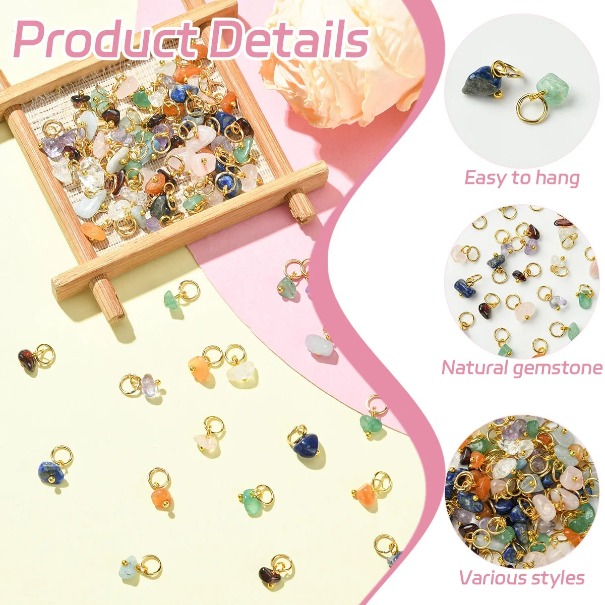 80pcs Gemstone Nugget Charms Gold Loop Stone Pendants for DIY Bracelet Earring Jewelry Making Supplies