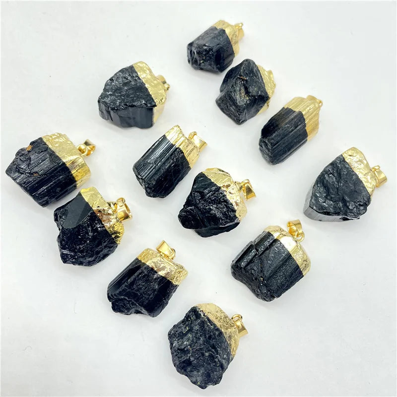 Raw Black Tourmaline Pendant Set 12pcs Natural Crystal Charm Gold Edge Irregular Stone for Jewelry Making Reiki Supplies