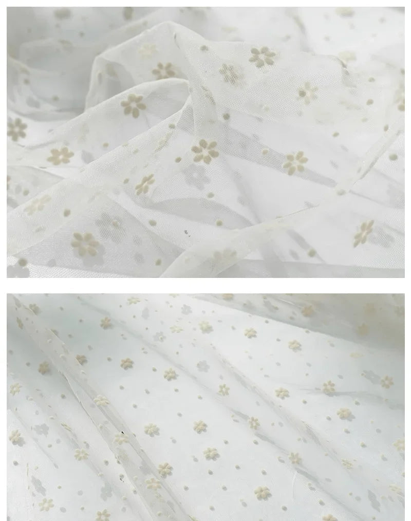 Flower Flocked Tulle Fabric 145x100cm Soft Mesh Fabric for Bridal Veil Princess Dress Doll Skirt Sewing Material