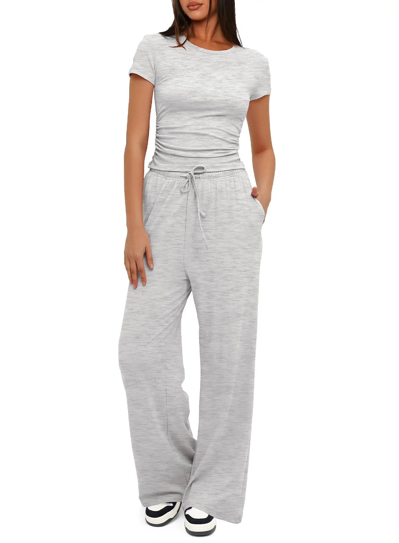 Stijlvolle Dames Twee-delige Set: T-shirt en Wijde Broek met Hoge Taille - Perfect voor Yoga, Sport en Casual Wear in Levensgrote Kleuren!