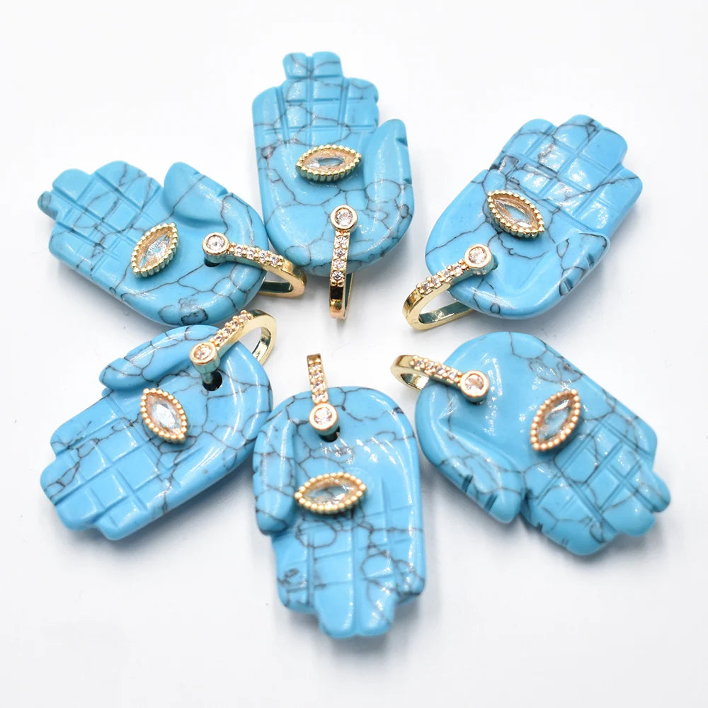 Natural Stone Hamsa Hand Charms 6pcs Carved Amethyst Rose Quartz Palm Pendants for Jewelry Making DIY Necklace Supplies