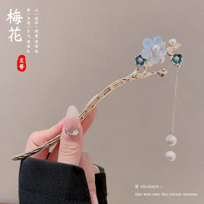Elegante Romantische Haarklem in Chinese Stijl voor Vrouwen, Geëmaileerde Bloemenspeld, Modeaccessoire in Legering