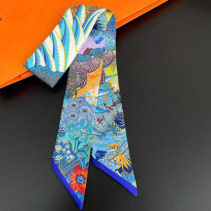 2024 Chic Zebra Florale Zijden Sjaal - Luxe Modeaccessoire voor Vrouwen, Veelzijdige Haarband, Stijlvolle Neckerchief en Elegante Tas Sjaal