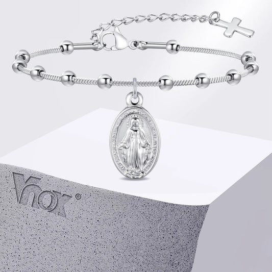 Elegante Vnox Gouden Geplateerde Rozenkransarmband voor Vrouwen en Meisjes - RVS Religieuze Kruis en Heilige Maria Gebedsjuwelen, Perfect Cadeau Idee