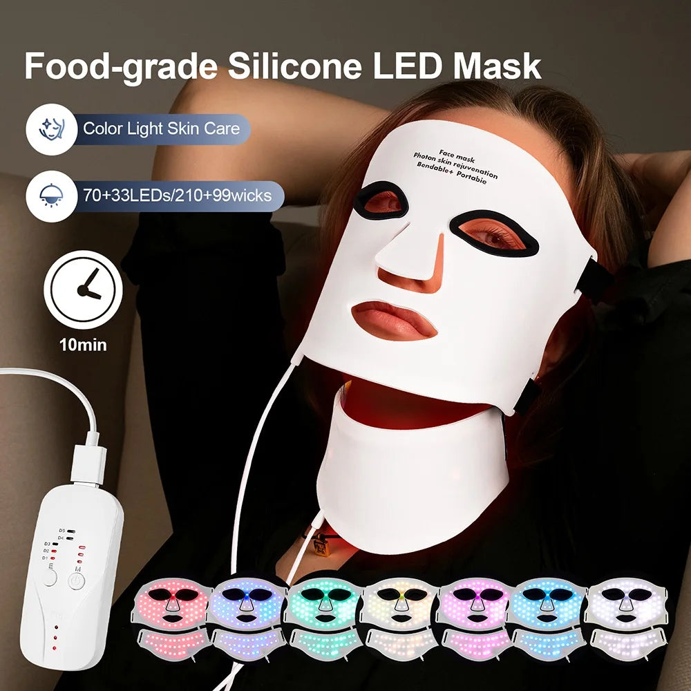 Revolutionaire Silicone LED Gezichts- en Halsmasker - 7 Kleur LED Foton Therapie met Infraroodlicht voor Huidherstel - Draadloos en Flexibel Ontwerp!