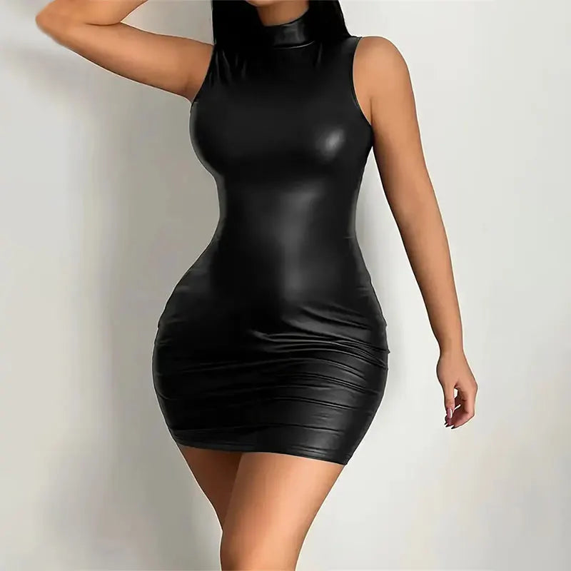 Chic Effen Kleur Bodycon Mini Jurk in PU Leer - Sexy Zonder Mouwen Ontwerp met een Flatterende Pasvorm en Heup-knuffelende Stijl