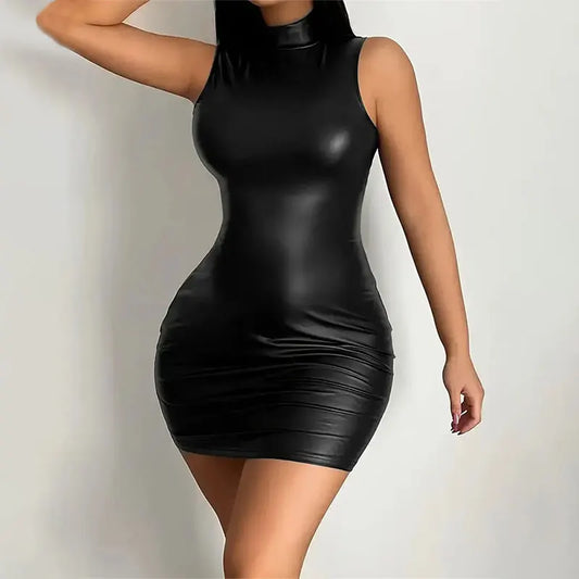 Chic Effen Kleur Bodycon Mini Jurk in PU Leer - Sexy Zonder Mouwen Ontwerp met een Flatterende Pasvorm en Heup-knuffelende Stijl