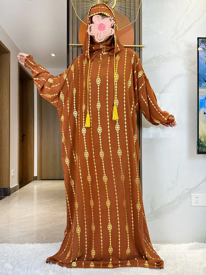 Elegante Katoenen Ramadan Abaya met Dubbele Hoeden - Prachtig Goudstofontwerp voor Moslimvrouwen met Gebed en Speciale Gelegenheden - Geïnspireerd door Dubai en Turkse Kaftanstijlen