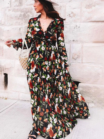 Chic Bloemen Chiffon Maxi Jurk voor Dames – Perfect voor Lente en Zomer met Gerimpelde Lagen en Elegante Lange Mouwen, Ideaal voor Feesten!