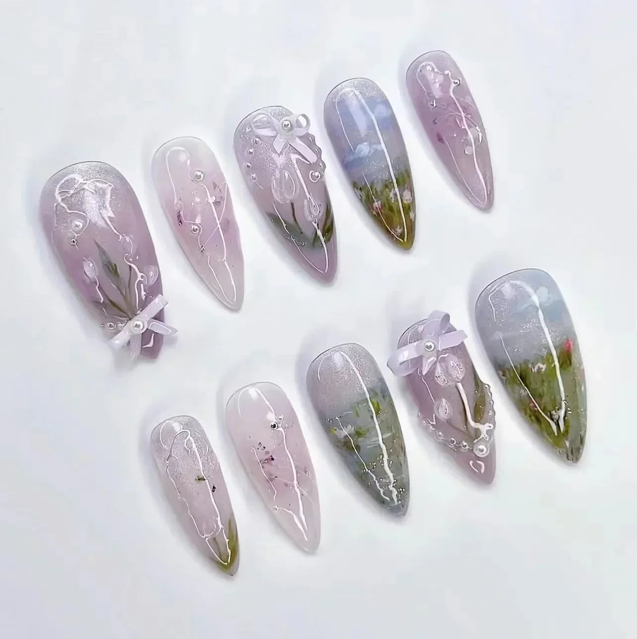 24-delige afneembare Franse nepvalse nagels set met bloem, amandelvorm, sterren en glitters ontwerp - Perfect voor DIY manicure liefhebbers!