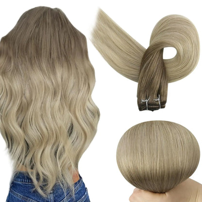 Verander Je Uiterlijk met Full Shine Ombre Blonde Menselijk Haar Weft Extensions - Zijdeachtig Steil 100g Remy Skin Dubbele Weft Bundels voor een Perfecte Salonafwerking!