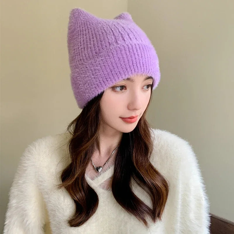 Schattige Kattenoor Gebreide Beanie - Gezellige Neppelzen Wintermuts voor Vrouwen, K-Pop Geïnspireerde Snoepkleuren voor Trendy Streetwear!