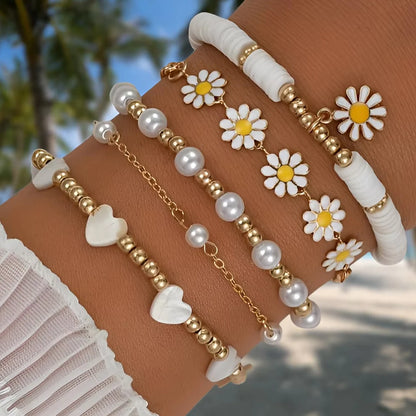 Charmante 4-delige vintage madeliefjes bloemen hanger armband set met faux parels - Bohemian kralen emaille ster stapelbare handgemaakte sieraden voor vrouwen