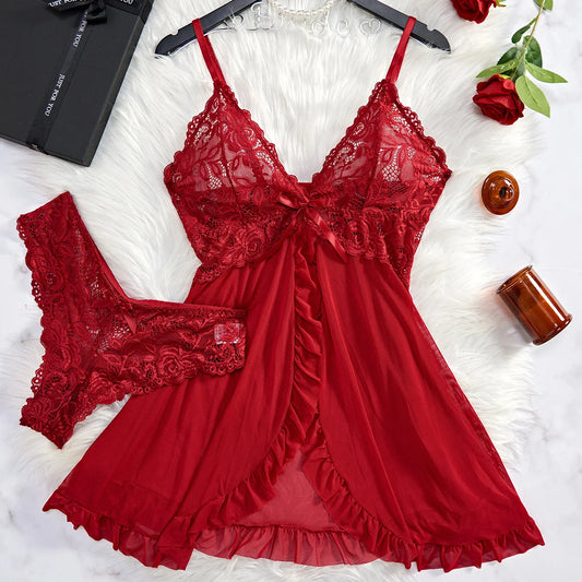 Verleidelijk Doorzichtig Rood Kanten Lingerieset - Sensuele Nachtkleding met Nachtjapon en Slipje voor Vrouwen