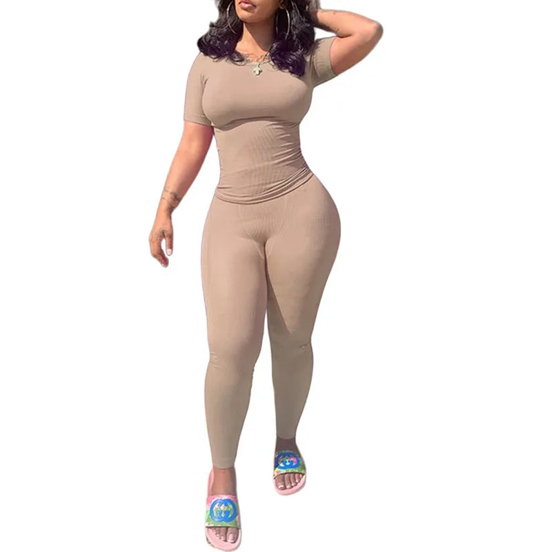 Chique Geribbelde 2-delige Zomer Lounge Set voor Vrouwen: Comfortabele Top & Rekbare Leggings Combinatie
