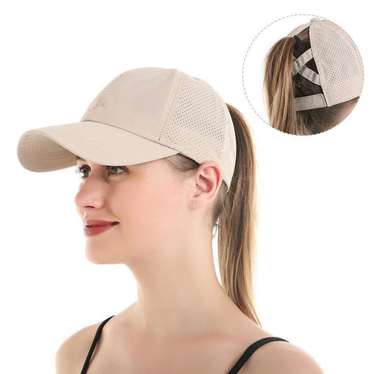 Chic Zomer Effen Baseball Cap voor Vrouwen - Stijlvolle Athleisure Cross Ponytail Hoed met Sneldrogend Gaas Visor