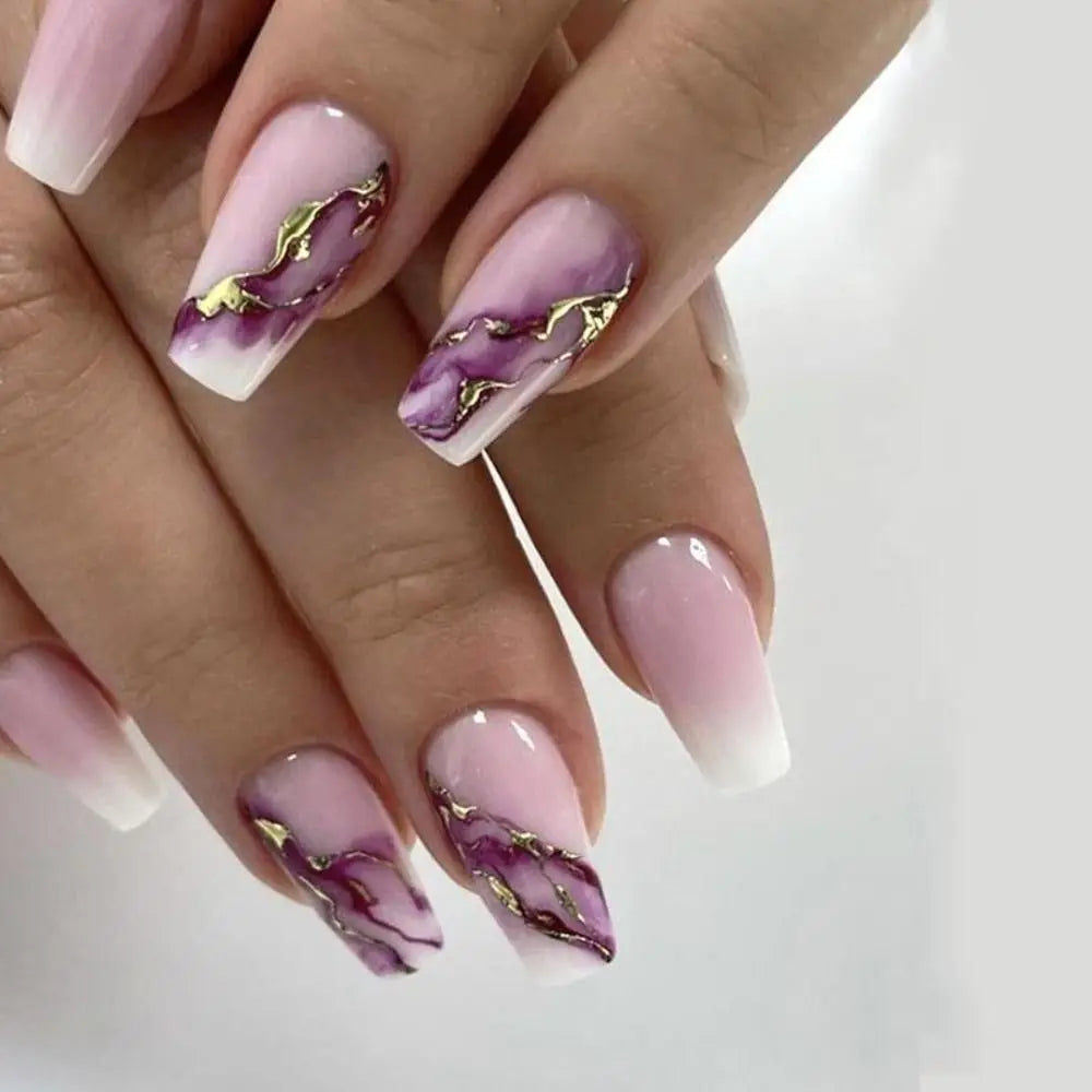 Set van 24 Eenvoudige Gradient Franse Ballerina Druknagels - Waterdichte Medium Coffin Stijl Nepnagels voor Moeiteloze Elegantie!
