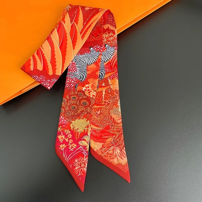 2024 Chic Zebra Florale Zijden Sjaal - Luxe Modeaccessoire voor Vrouwen, Veelzijdige Haarband, Stijlvolle Neckerchief en Elegante Tas Sjaal