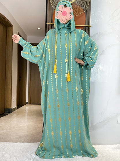 Elegante Katoenen Ramadan Abaya met Dubbele Hoeden - Prachtig Goudstofontwerp voor Moslimvrouwen met Gebed en Speciale Gelegenheden - Geïnspireerd door Dubai en Turkse Kaftanstijlen
