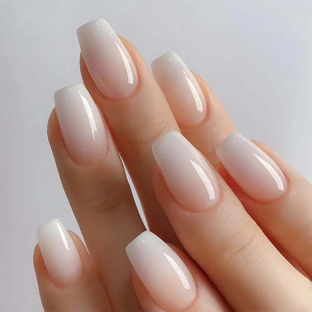 Set van 24 Eenvoudige Gradient Franse Ballerina Druknagels - Waterdichte Medium Coffin Stijl Nepnagels voor Moeiteloze Elegantie!