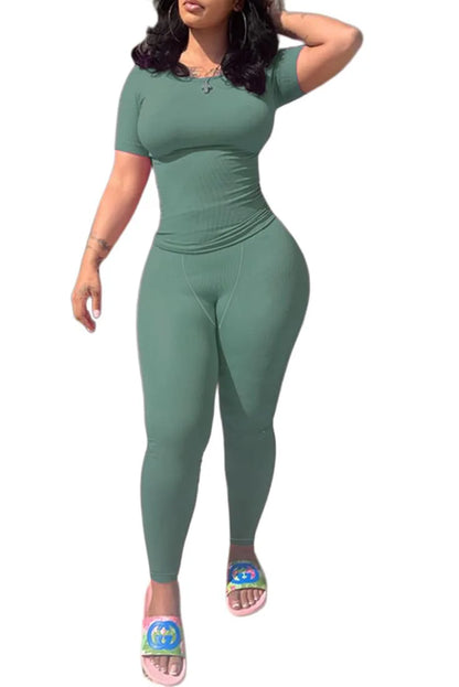 Chique Geribbelde 2-delige Zomer Lounge Set voor Vrouwen: Comfortabele Top & Rekbare Leggings Combinatie