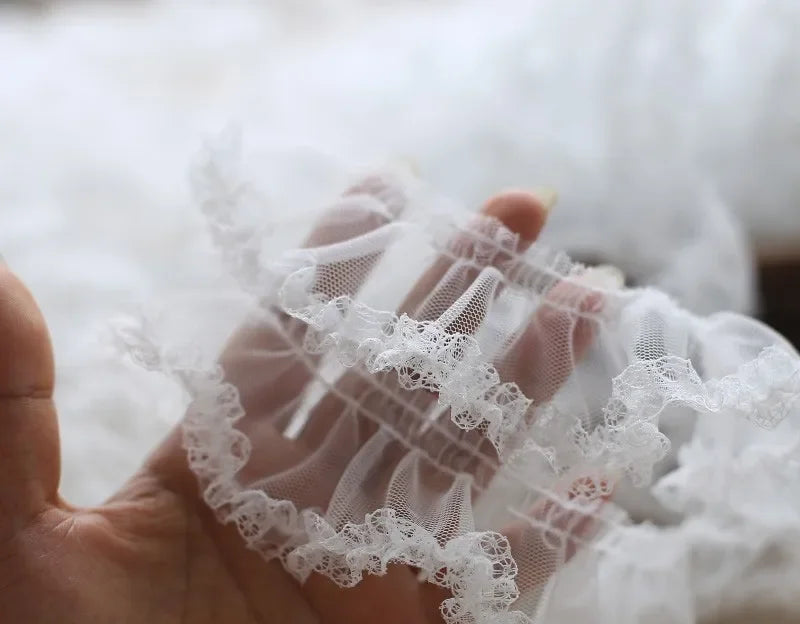 White Ruffle Lace Trim 5cm Pleated Embroidered Mesh Fabric Sewing Trim for Wedding Garment DIY Crafts
