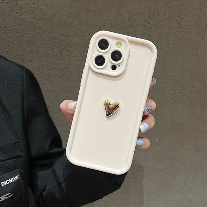 Luxueuze 3D Gouden Hart Siliconen Telefoonhoes - Zachte, Schokbestendige Candy Matte Cover voor iPhone 15, 14, 13, 12, 11, 16 Pro Max, XS, XR, 7, 8 Plus en SE 2020