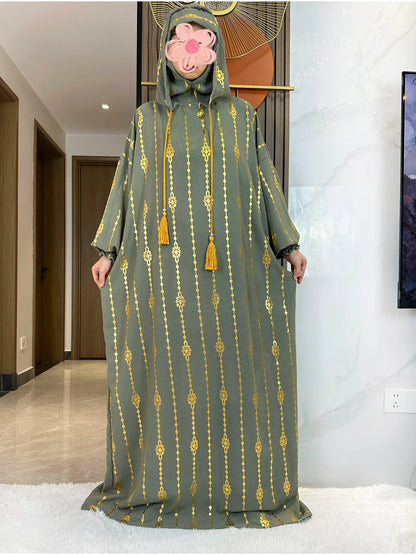 Elegante Katoenen Ramadan Abaya met Dubbele Hoeden - Prachtig Goudstofontwerp voor Moslimvrouwen met Gebed en Speciale Gelegenheden - Geïnspireerd door Dubai en Turkse Kaftanstijlen